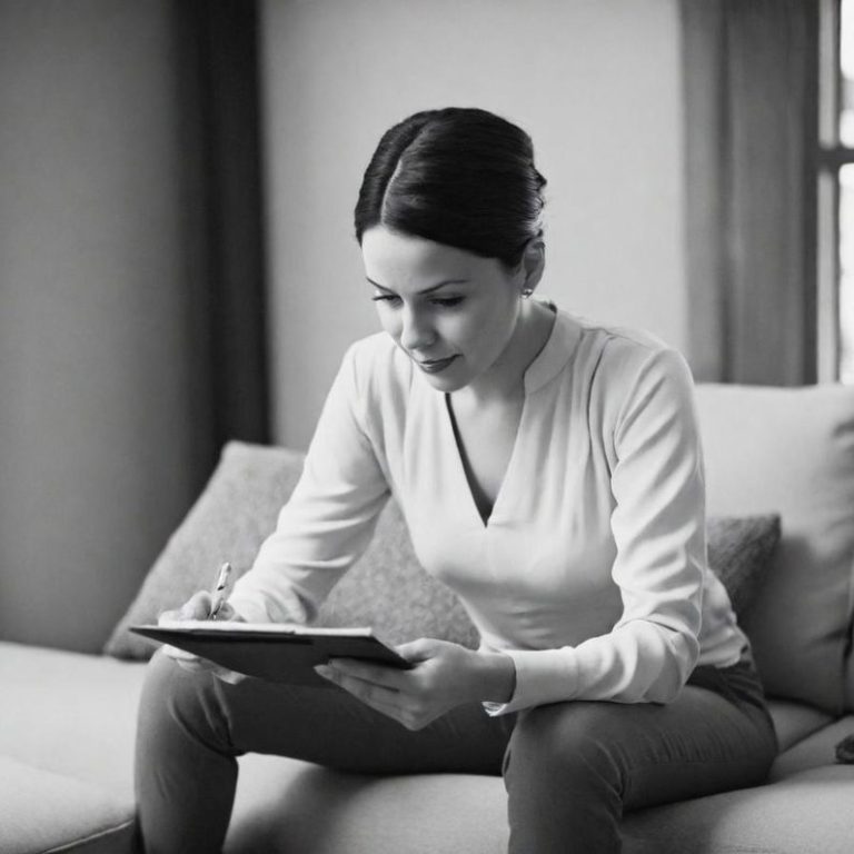 Frau sitzt auf der Couch und schreibt konzentriert in ein Notizbuch.
