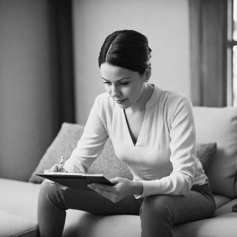 Frau sitzt auf einer Couch, schreibt konzentriert auf einem Notizblock.